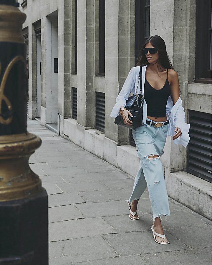 Blue Ripped Raw Hem Barrel Leg Jeans