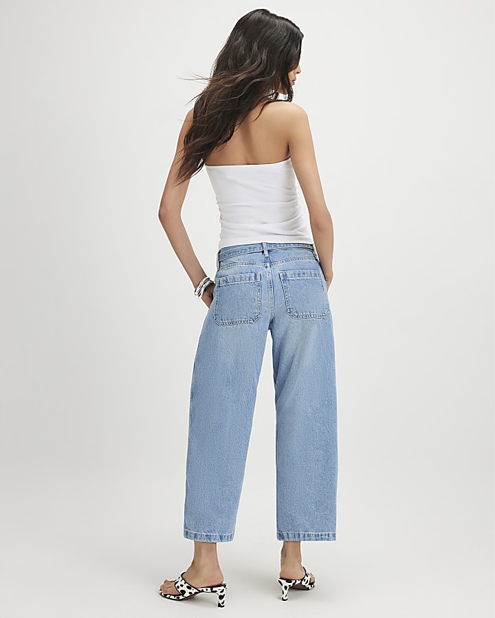 Blue Crop Belted Barrel Leg Jeans