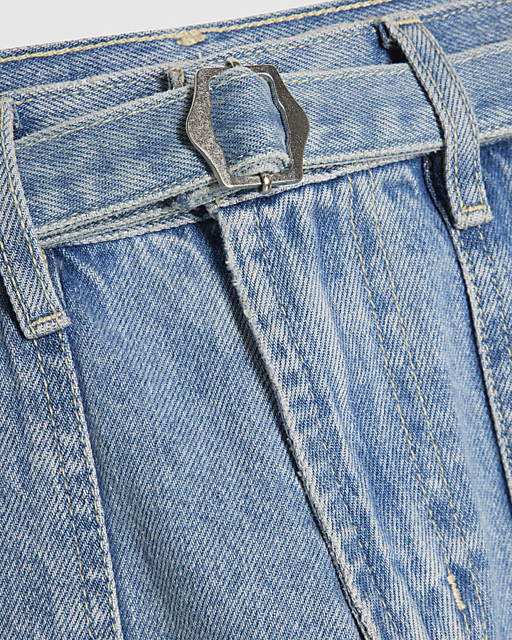 Blue Crop Belted Barrel Leg Jeans