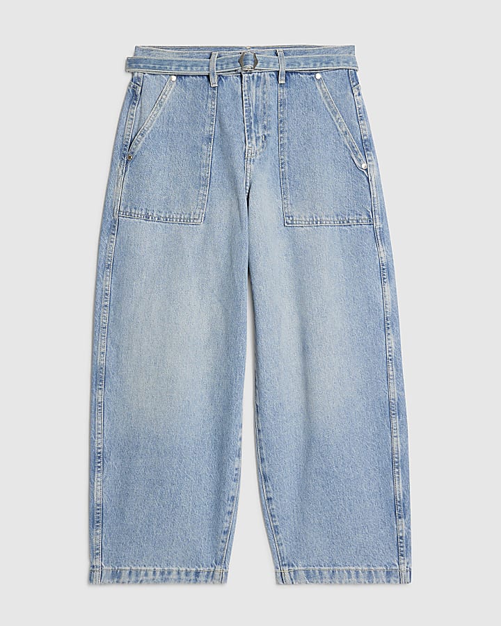 Blue Crop Belted Barrel Leg Jeans