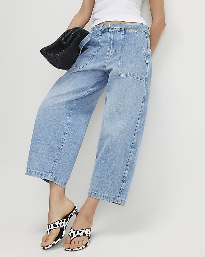 Blue Crop Belted Barrel Leg Jeans