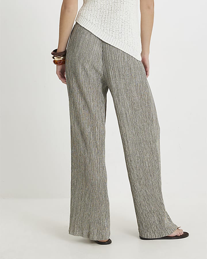 Khaki Plisse Wide Leg Trousers