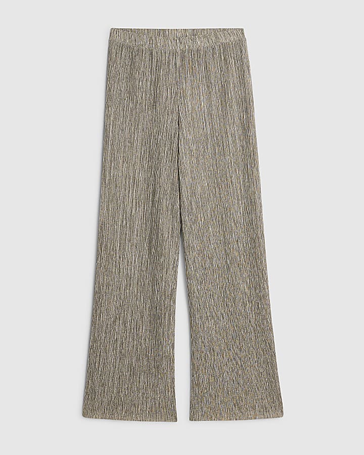 Khaki Plisse Wide Leg Trousers