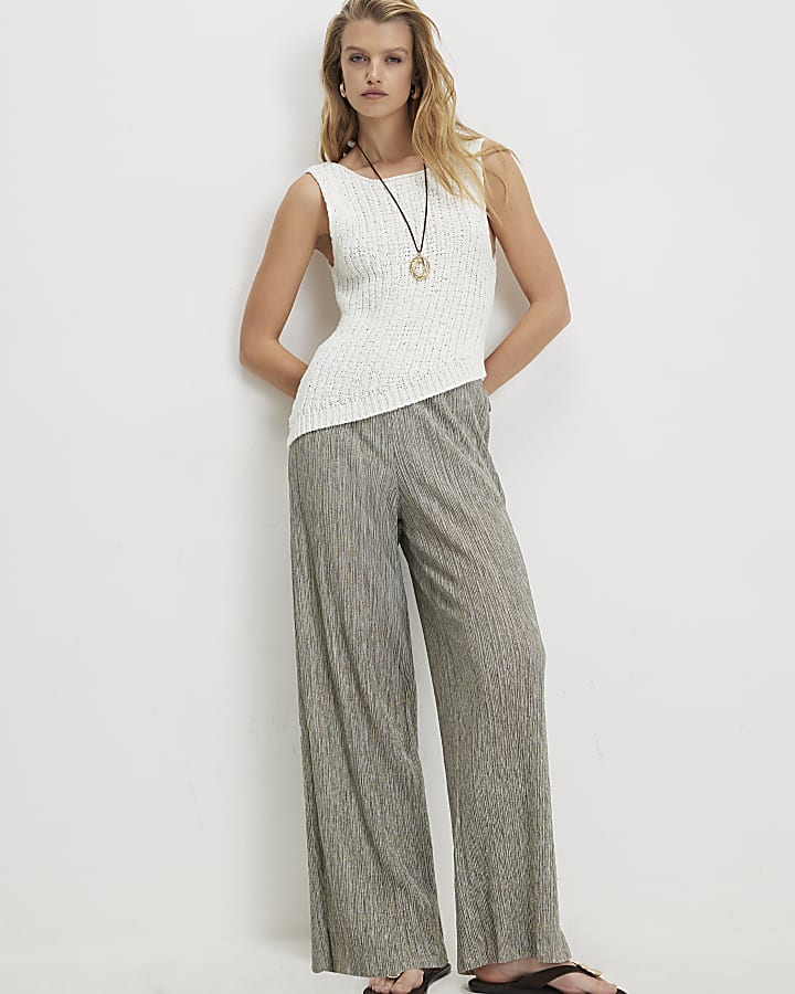 Khaki Plisse Wide Leg Trousers