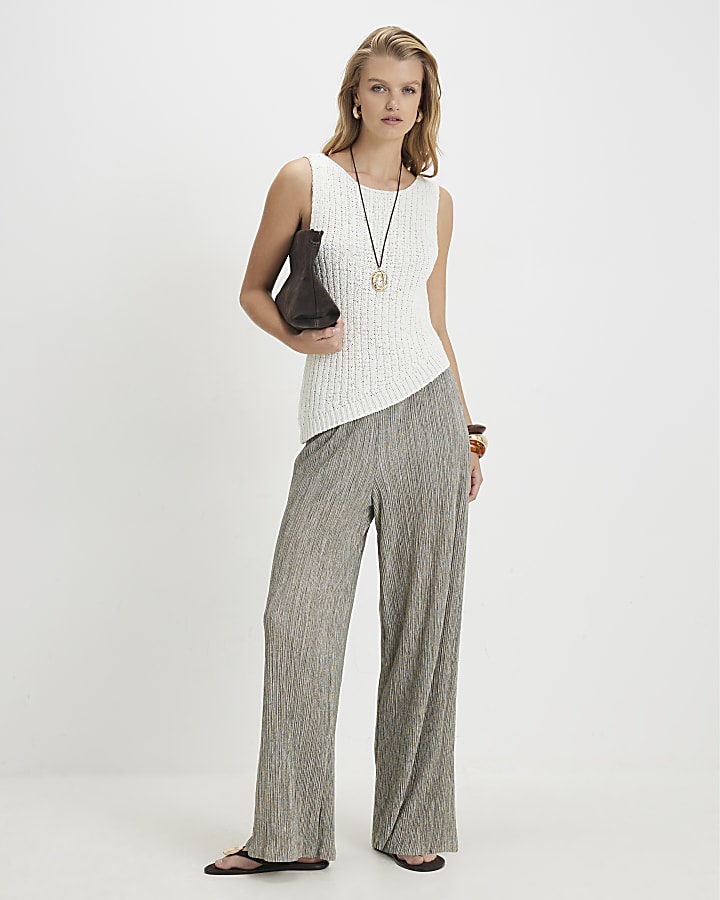 Khaki Plisse Wide Leg Trousers