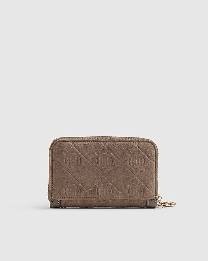 Grey Faux Suede Monogram Embossed Purse