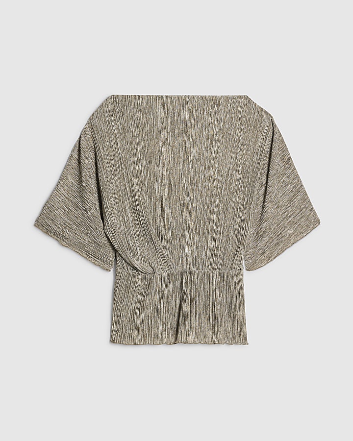 Petite Khaki Plisse Batwing Top
