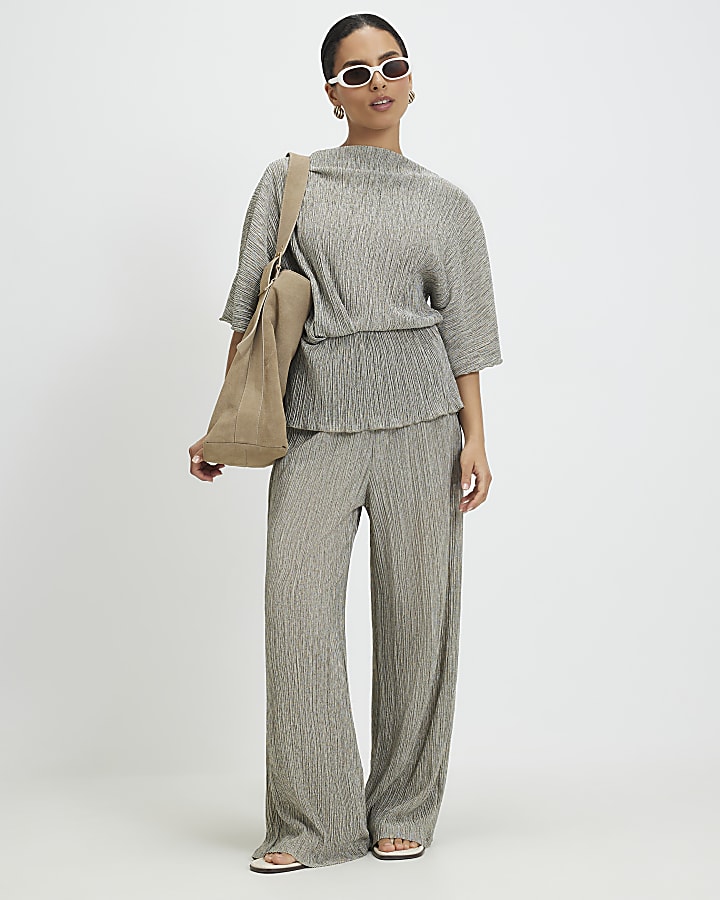 Petite Khaki Plisse Batwing Top