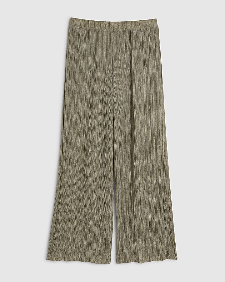 Petite Khaki Plisse Wide Leg Trousers
