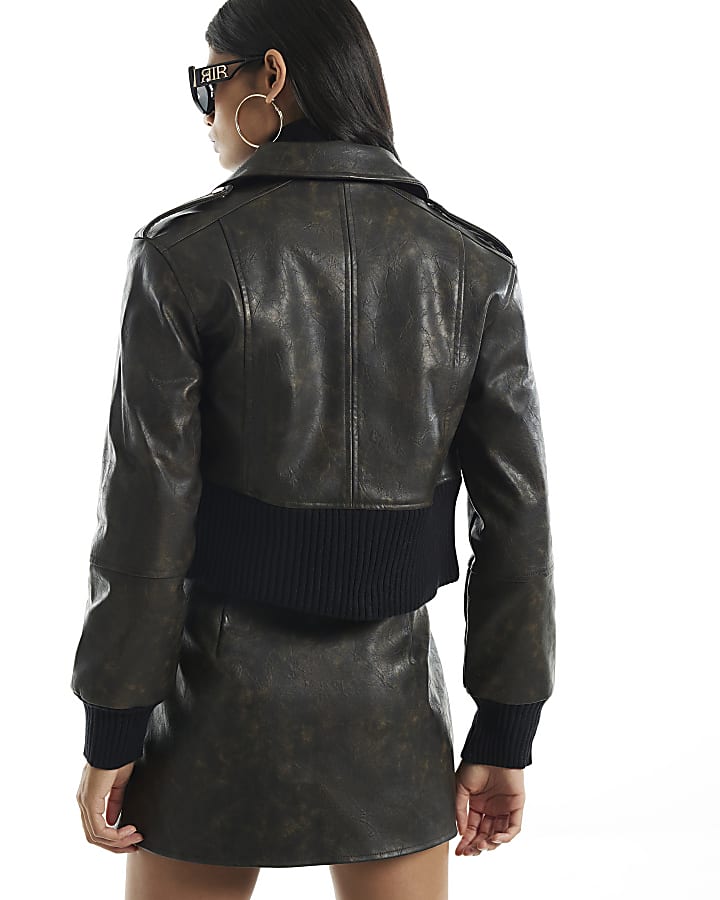 Brown Distressed Rib Hem Bomber Jacket