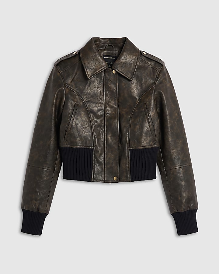 Brown Distressed Rib Hem Bomber Jacket