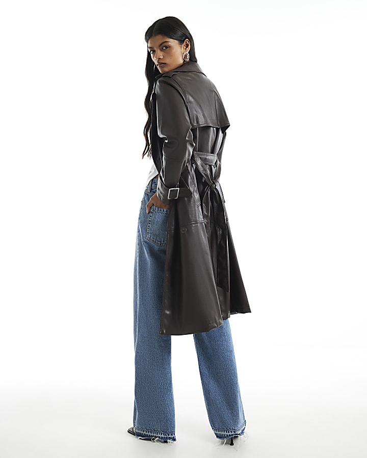 Brown Faux Leather Double Breast Trench Coat