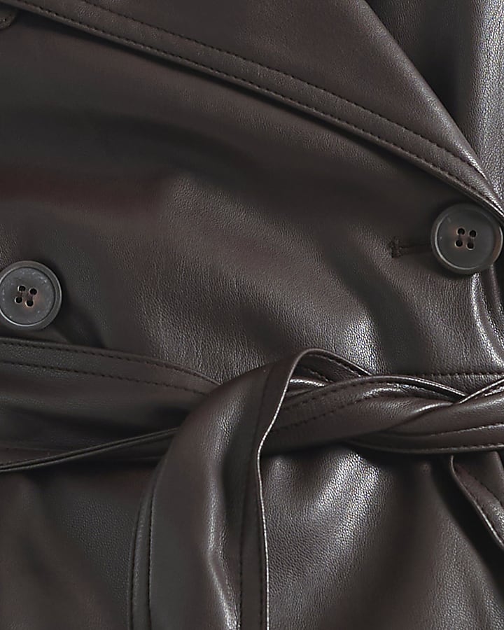 Brown Faux Leather Double Breast Trench Coat