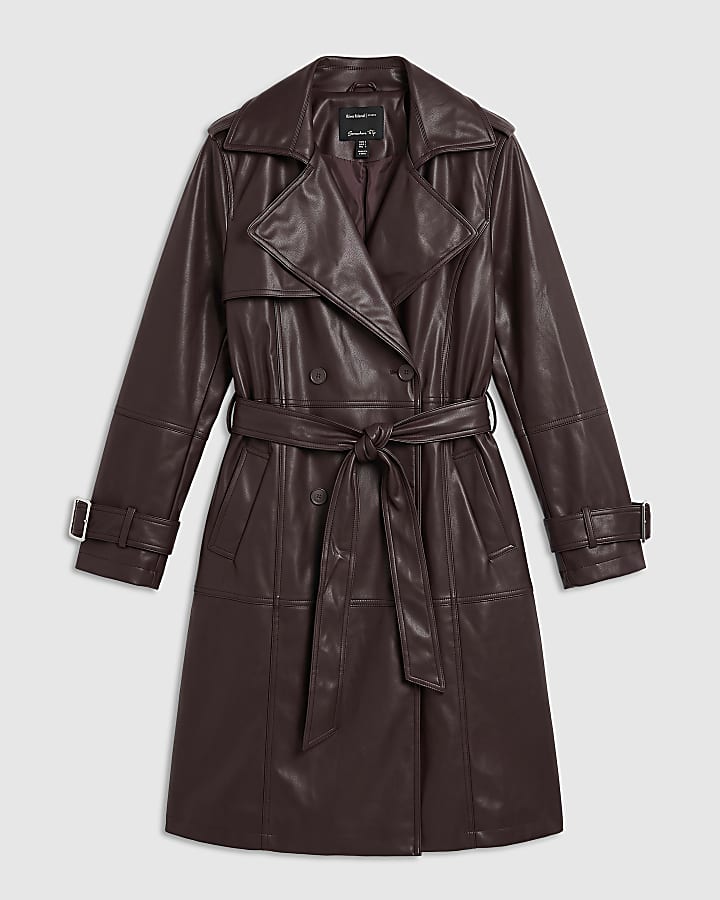 Brown Faux Leather Double Breast Trench Coat