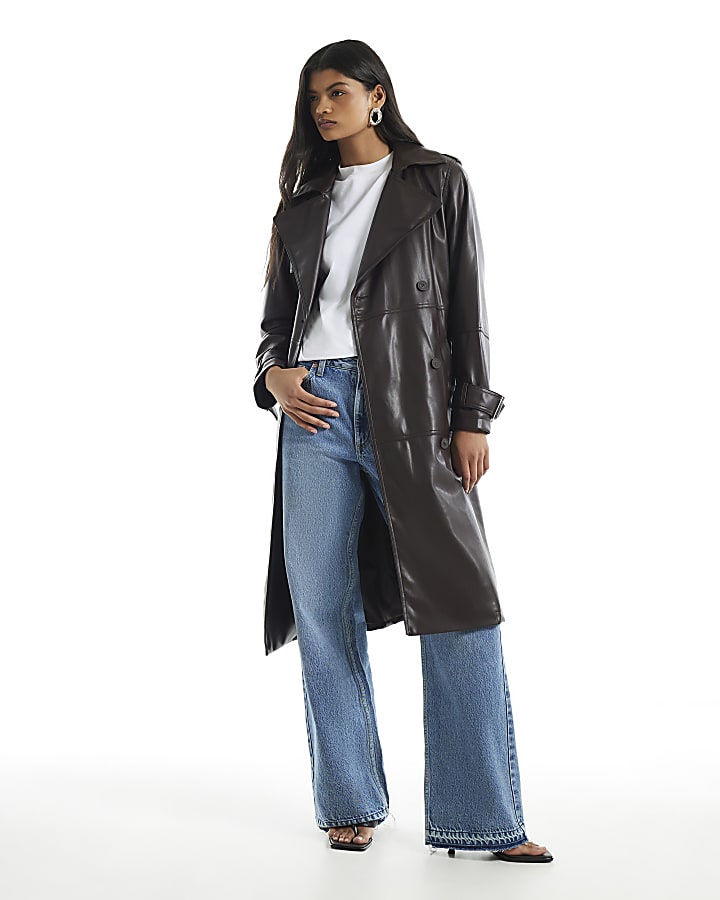 Brown Faux Leather Double Breast Trench Coat