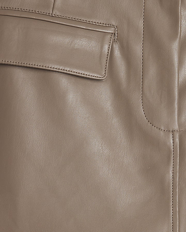 Beige Faux Leather Button Tab Mini Skirt