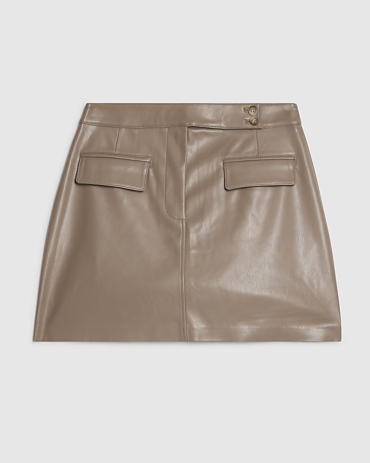 Beige Faux Leather Button Tab Mini Skirt