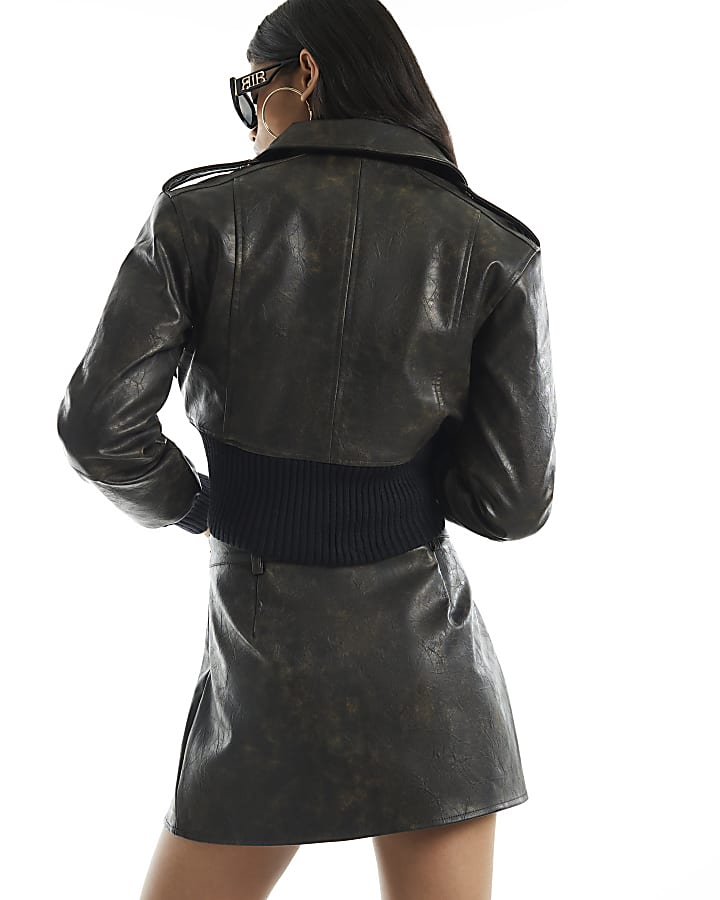 Brown Faux Leather Distressed Skort