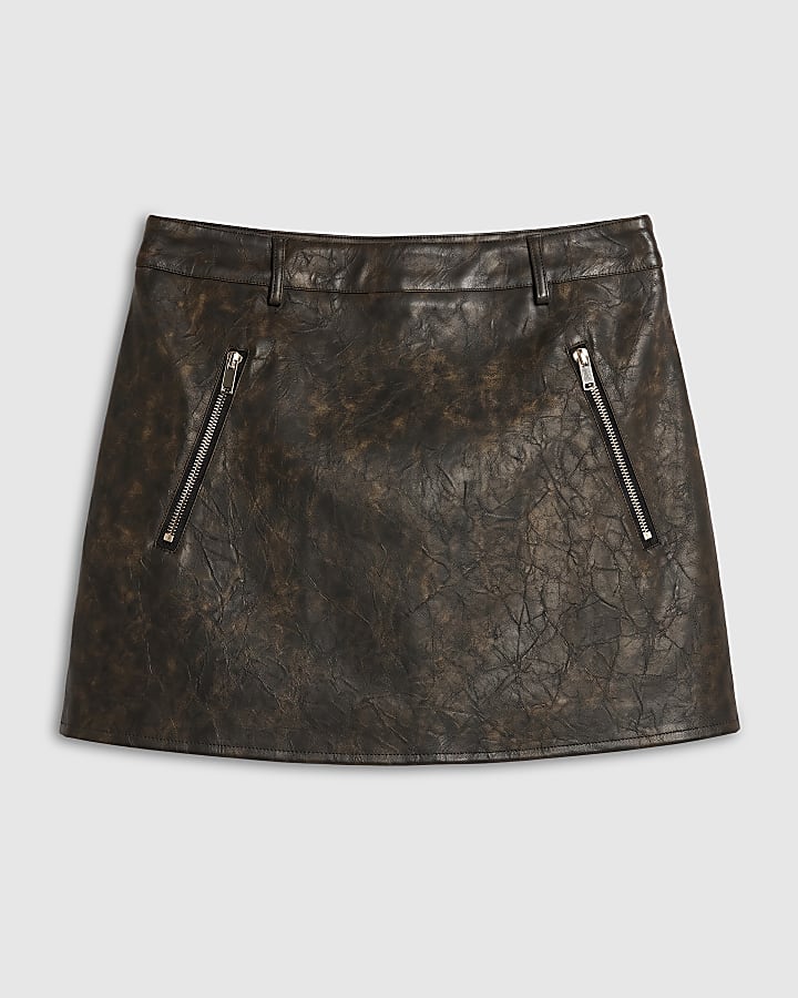 Brown Faux Leather Distressed Skort