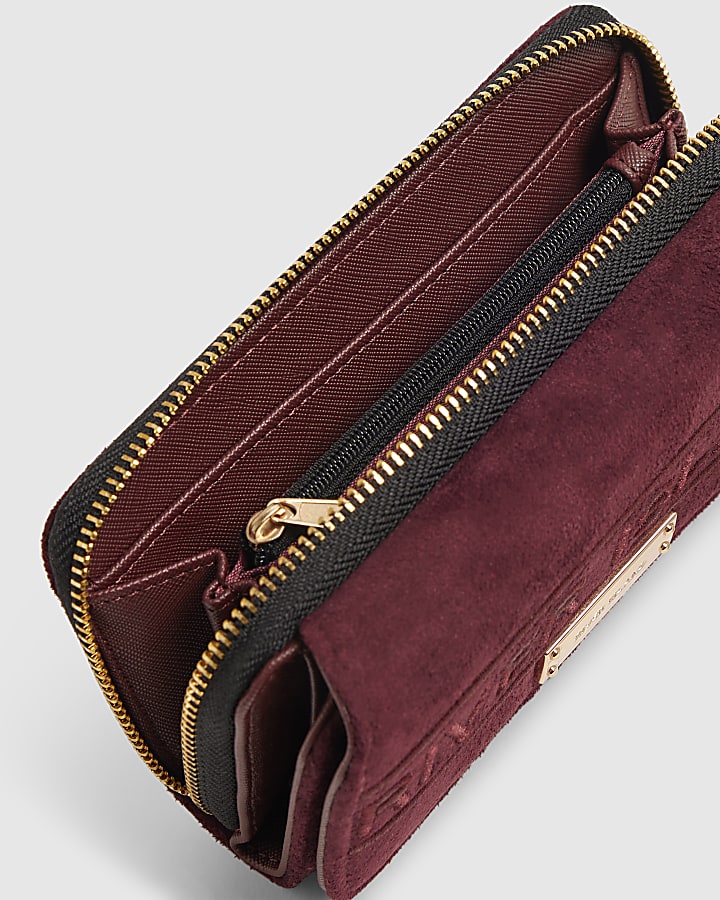 Red Faux Suede Embroidered Zip Around Purse