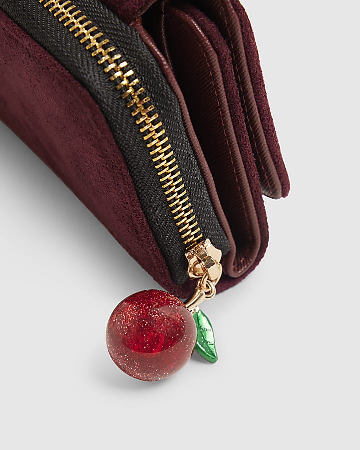 Red Faux Suede Embroidered Zip Around Purse