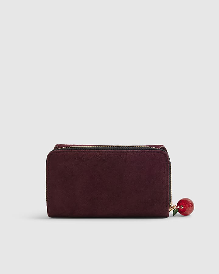Red Faux Suede Embroidered Zip Around Purse