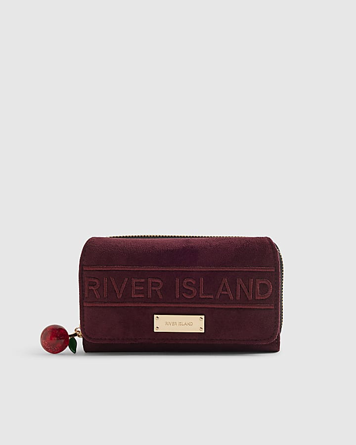 Red Faux Suede Embroidered Zip Around Purse