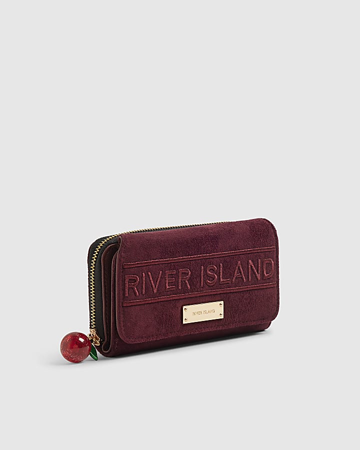 Red Faux Suede Embroidered Zip Around Purse