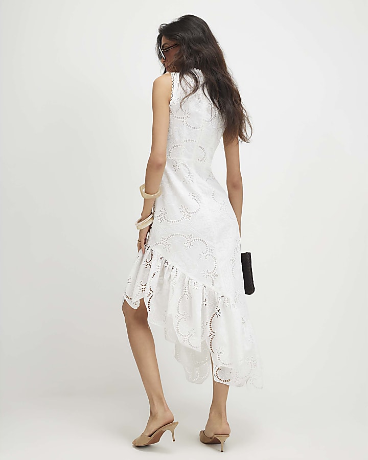 White Broderie Ruffle Hem Midi Dress