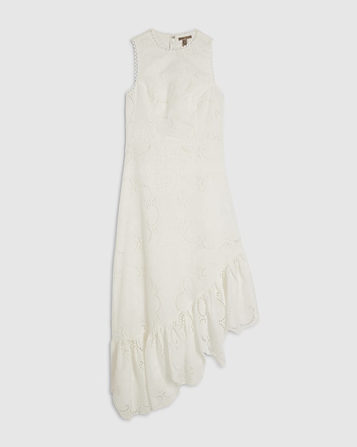 White Broderie Ruffle Hem Midi Dress