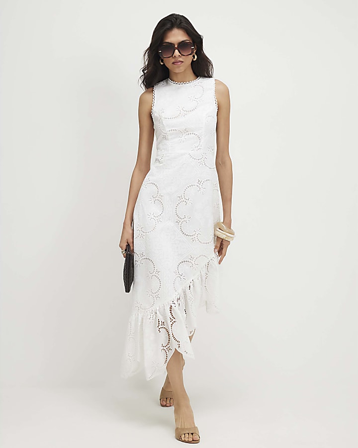 White Broderie Ruffle Hem Midi Dress