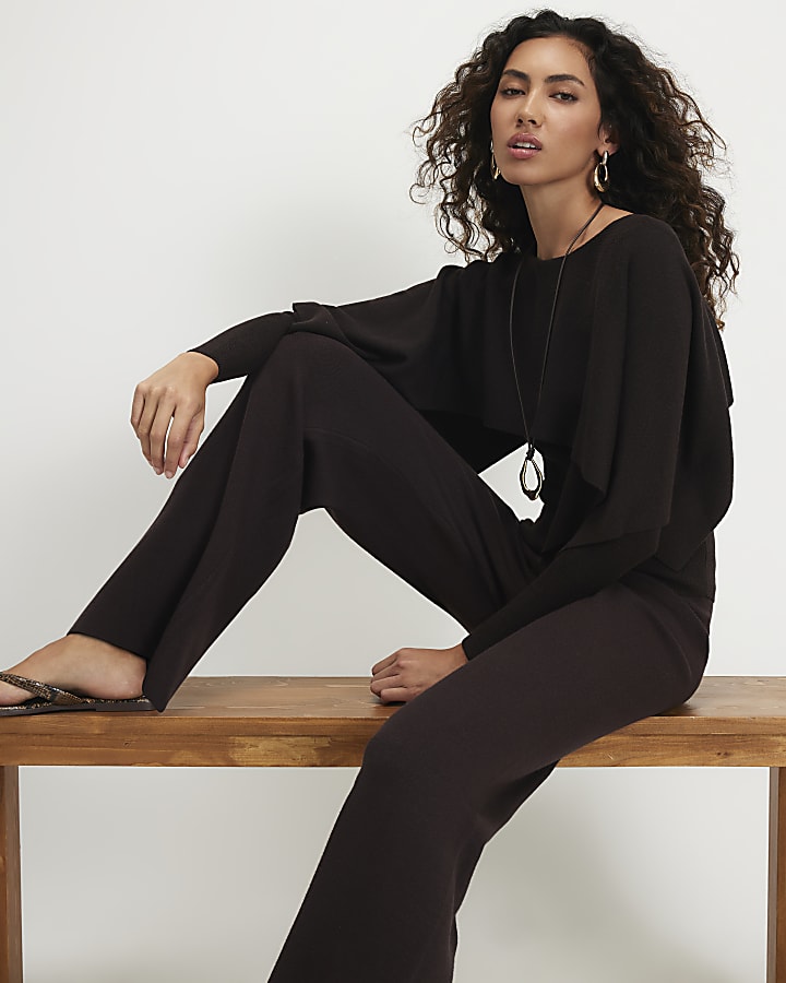 Brown Knitted Wide Leg Trousers