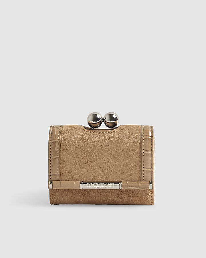 Beige Faux Suede Bar Front Cliptop Purse