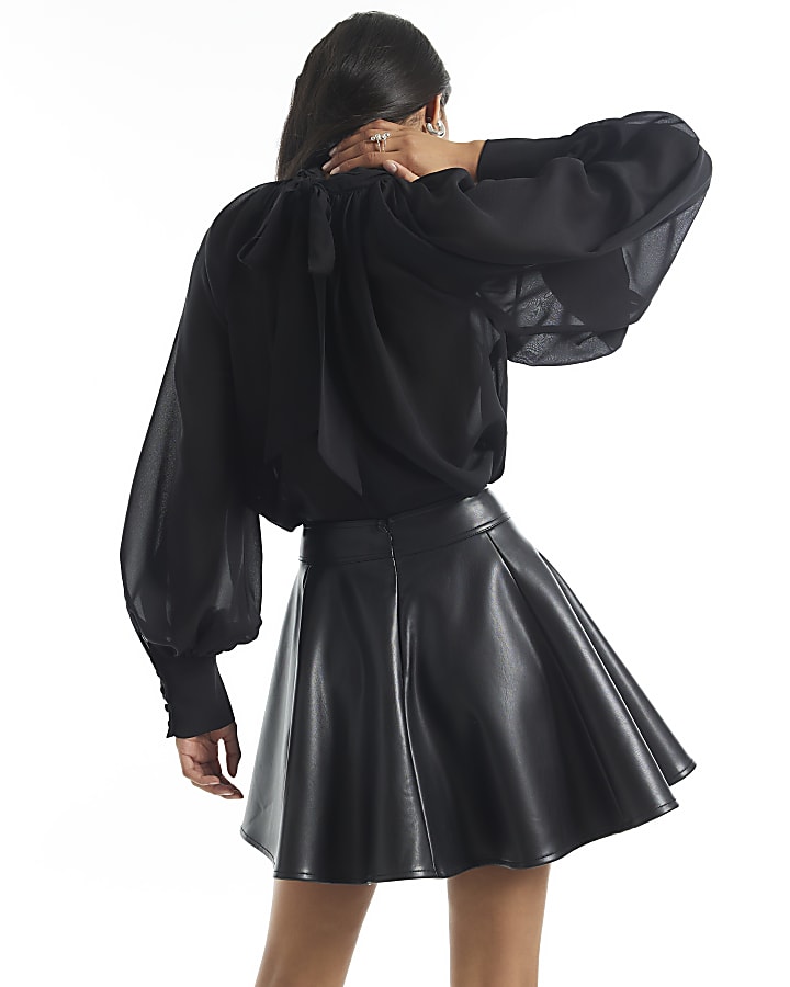 Black Faux Leather Flippy A Line Skirt