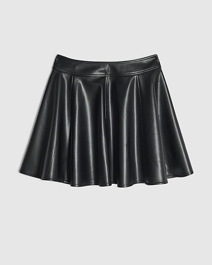 Black Faux Leather Flippy A Line Skirt
