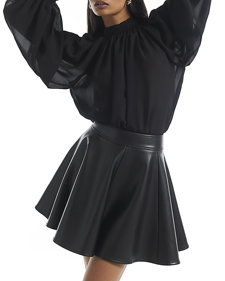 Black Faux Leather Flippy A Line Skirt