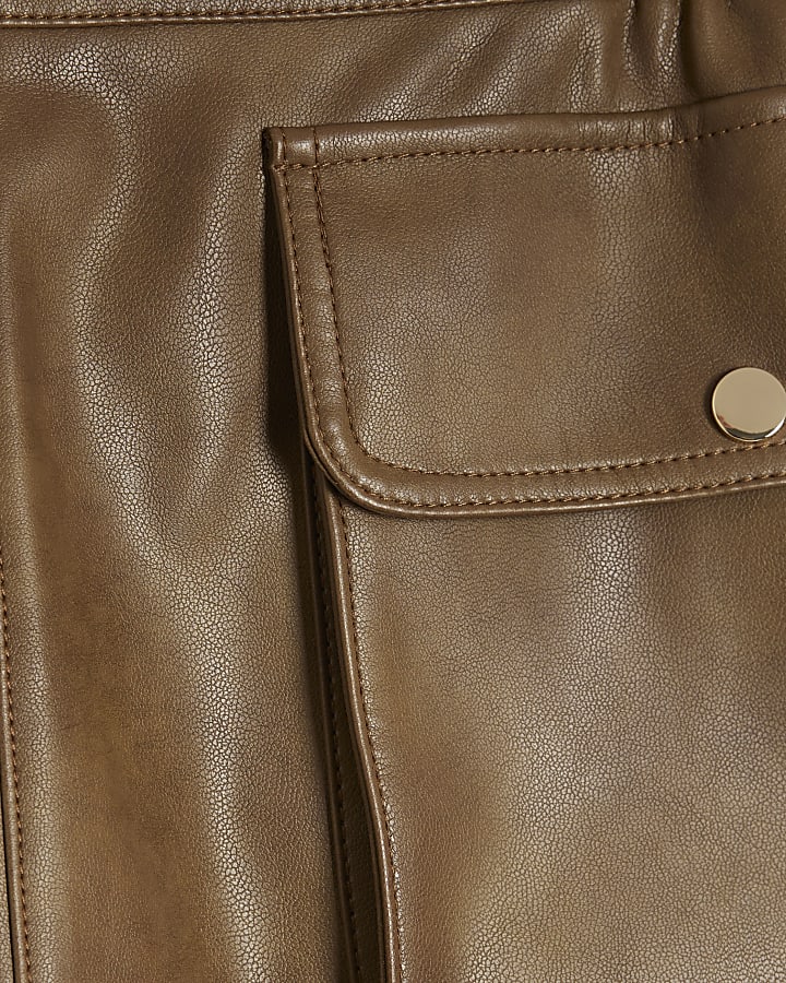 Brown Faux Leather Distressed Pocket Shorts