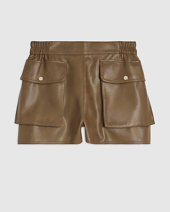 Brown Faux Leather Distressed Pocket Shorts