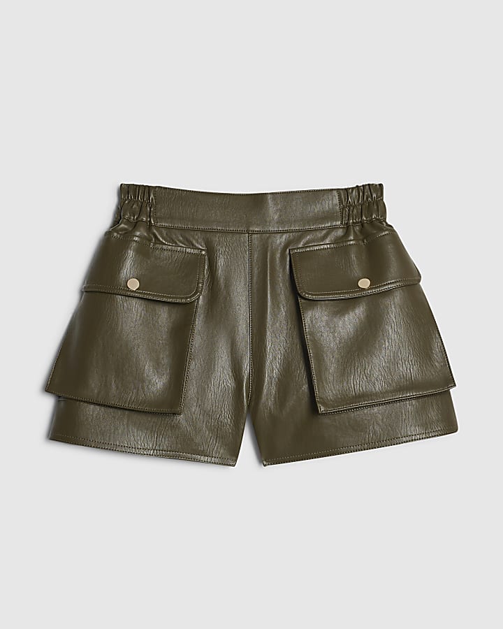 Green Faux Leather Utility Pocket Shorts