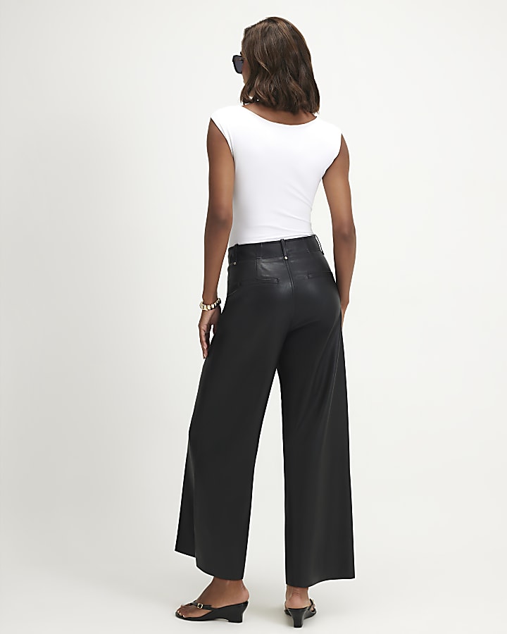 Black Faux Leather Seam Detail Crop Trousers