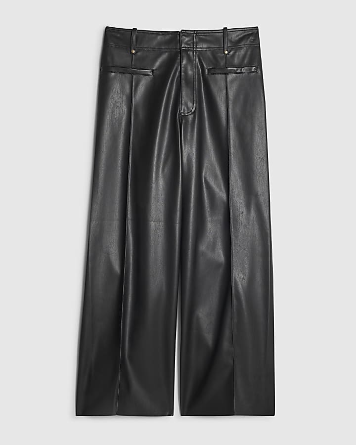 Black Faux Leather Seam Detail Crop Trousers