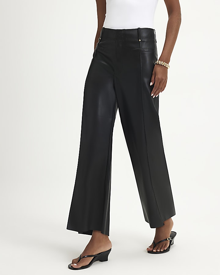 Black Faux Leather Seam Detail Crop Trousers