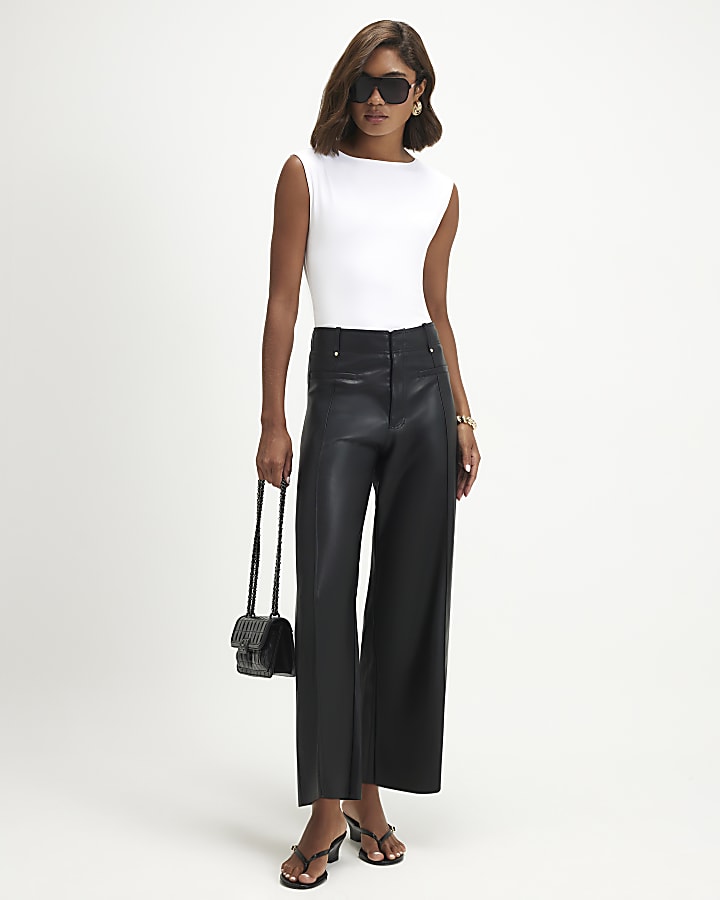 Black Faux Leather Seam Detail Crop Trousers
