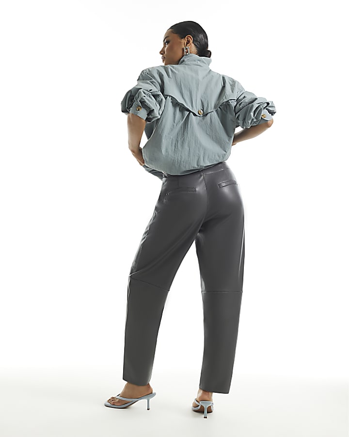 Grey Faux Leather Barrel Leg Trousers