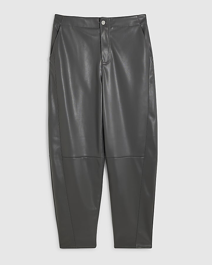 Grey Faux Leather Barrel Leg Trousers