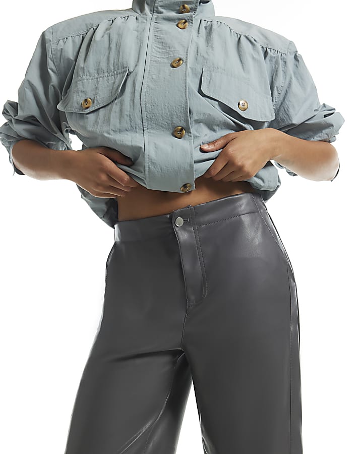 Grey Faux Leather Barrel Leg Trousers