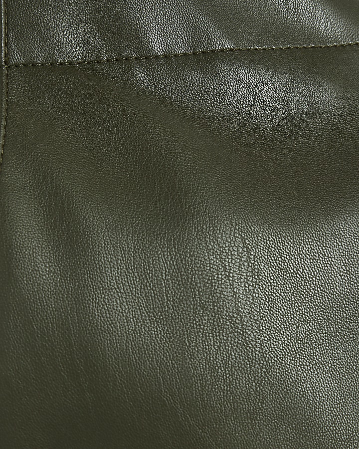 Khaki Faux Leather Barrel Leg Trousers