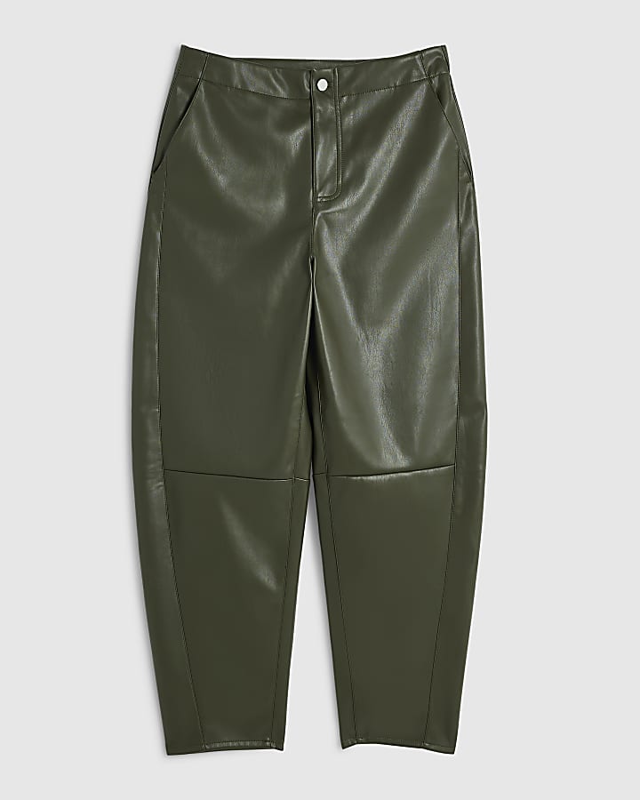Khaki Faux Leather Barrel Leg Trousers