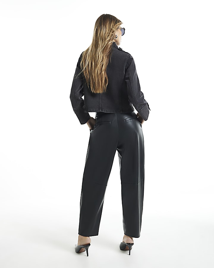 Black Faux Leather Barrel Leg Trousers