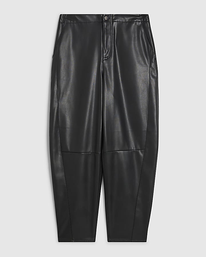 Black Faux Leather Barrel Leg Trousers